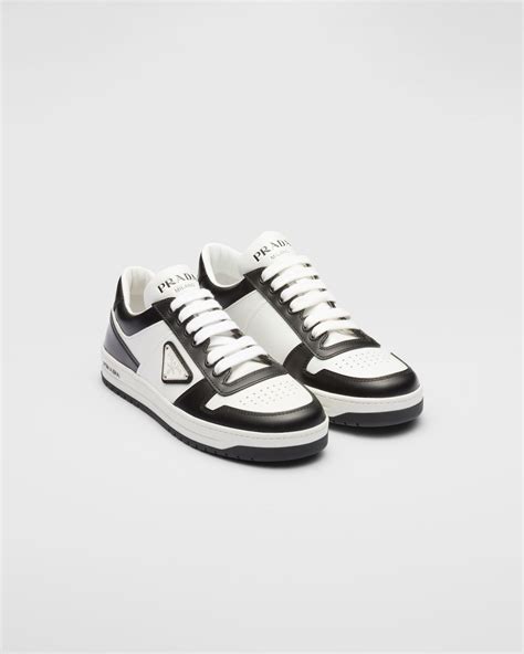 prada triangle logo sneakers|White/black Downtown Perforated Leather Sneakers.